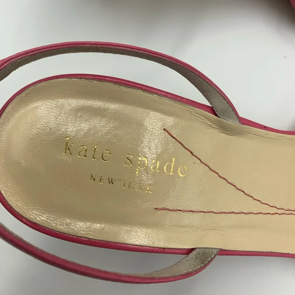 ❤️ Kate Spade ❤️Pink White Bow Strappy Sandals Wooden Kitten Heels Shoes 10B - Picture 6 of 8